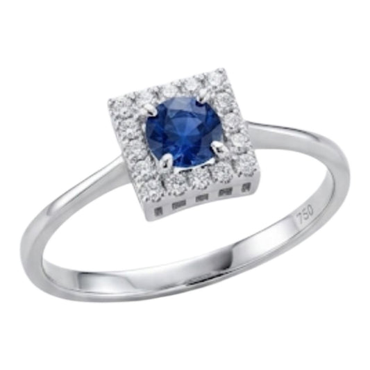 Anello fantasia quadrato con Zaffiro ct 0,25 e contorno di Diamanti ct 0,16 in Oro Bianco 18kt (750)