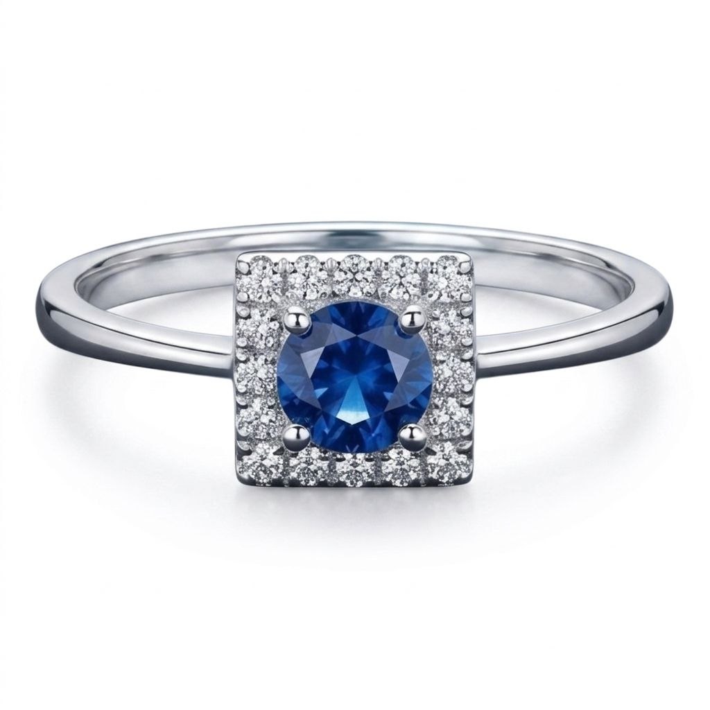 Anello fantasia quadrato con Zaffiro ct 0,25 e contorno di Diamanti ct 0,16 in Oro Bianco 18kt (750)