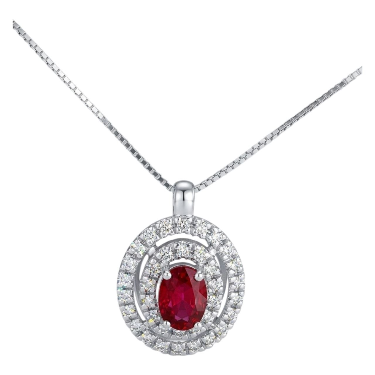 Collana pendente tondo con doppio giro di Diamanti 0,40 ct e Rubino 0,63 ct in oro bianco 18kt (750)