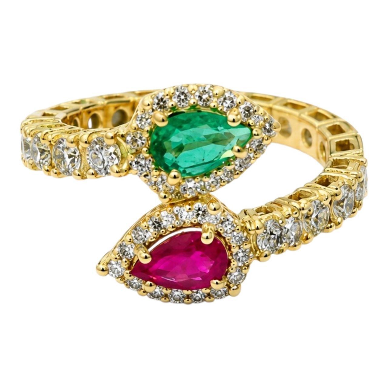 Anello contrarié diamanti 0,80 ct  smeraldo e rubino  a goccia  in oro giallo 18kt (750)