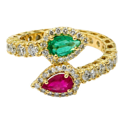 Anello contrarié diamanti 0,80 ct  smeraldo e rubino  a goccia  in oro giallo 18kt (750)