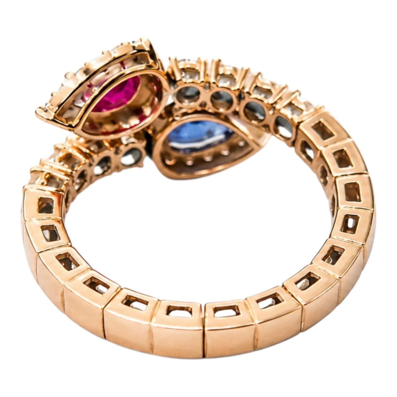 Anello contrarié diamanti 0,80 ct  zaffiro e rubino  a goccia  in oro rosa 18kt (750)