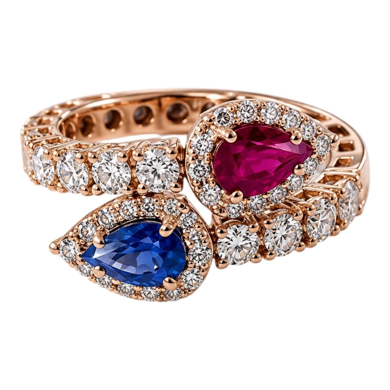 Anello contrarié diamanti 0,80 ct  zaffiro e rubino  a goccia  in oro rosa 18kt (750)