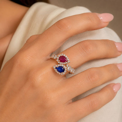 Anello contrarié diamanti 0,80 ct  zaffiro e rubino  a goccia  in oro rosa 18kt (750)