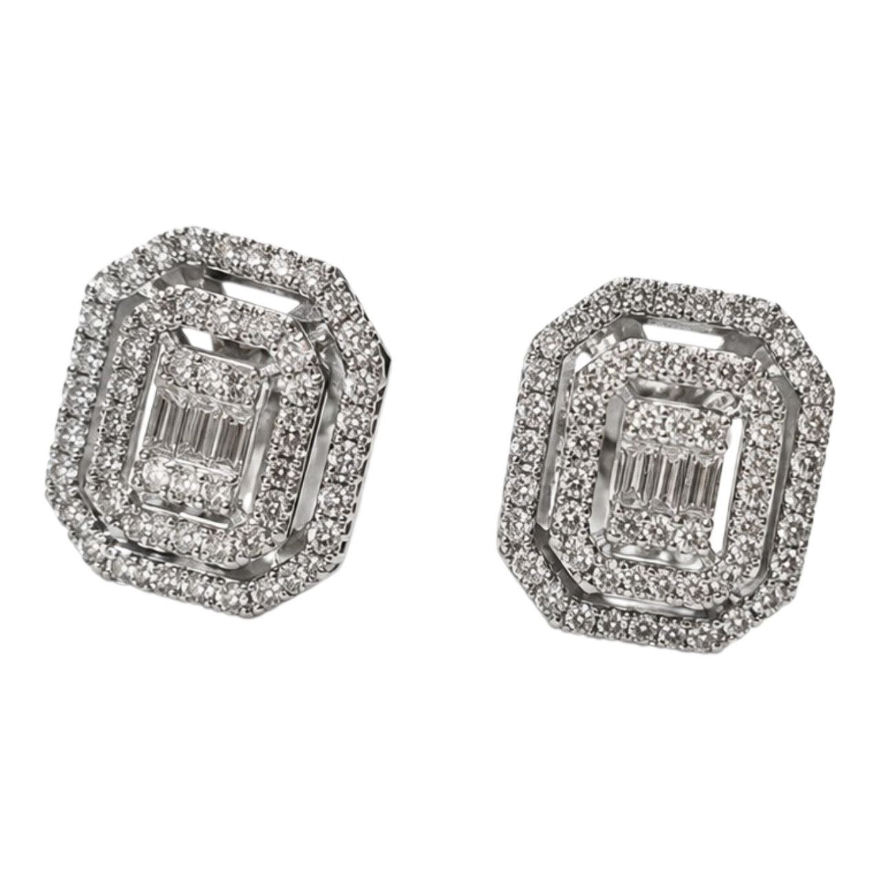Orecchini a bottone rettangolare impreziosito da Diamanti baguette e taglio brillante 0,75 ct in oro bianco 18kt (750)