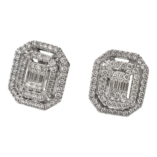 Orecchini a bottone rettangolare impreziosito da Diamanti baguette e taglio brillante 0,75 ct in oro bianco 18kt (750)