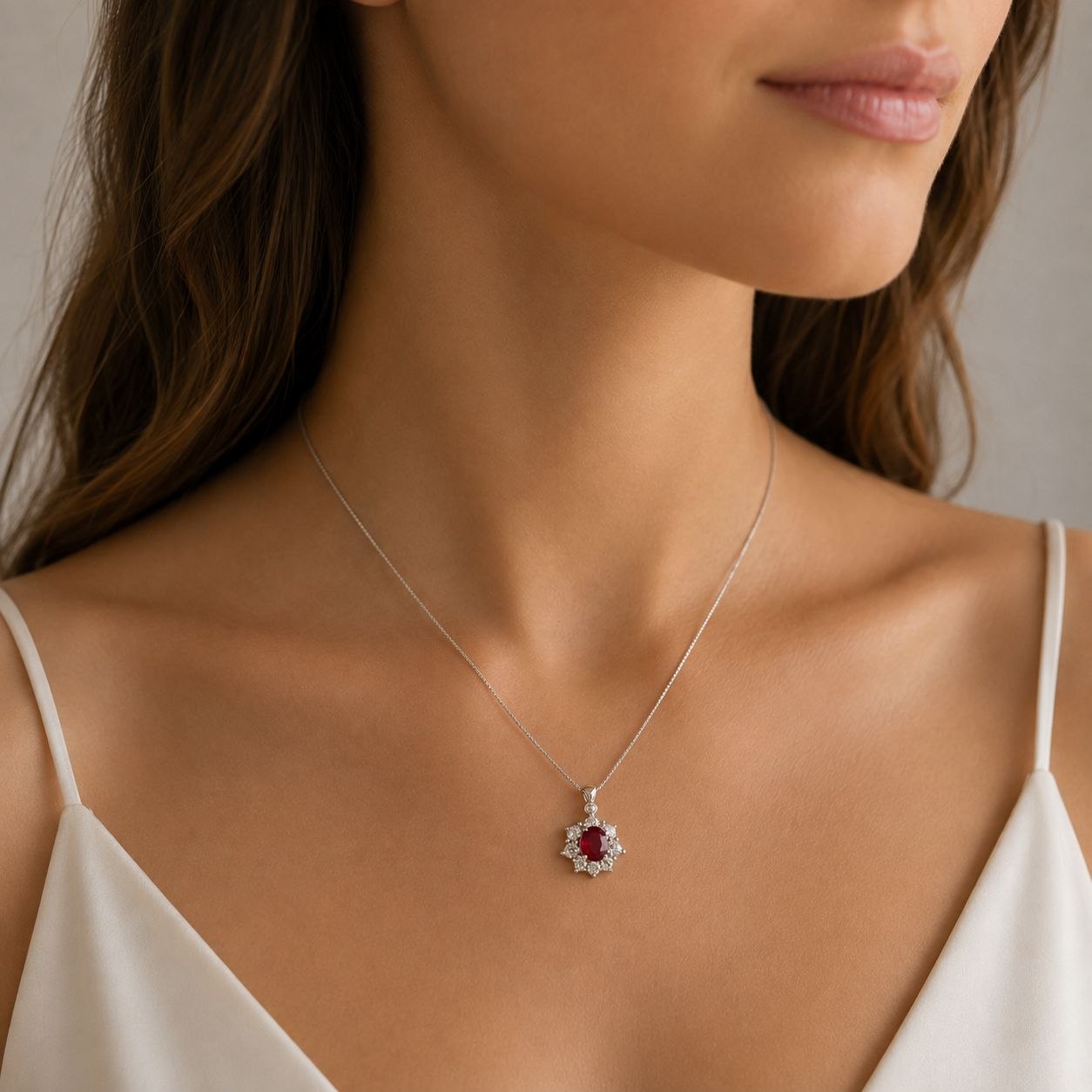 Collana  diamanti ct 0,30  e rubino ct 0,48 in oro bianco 18kt (750)
