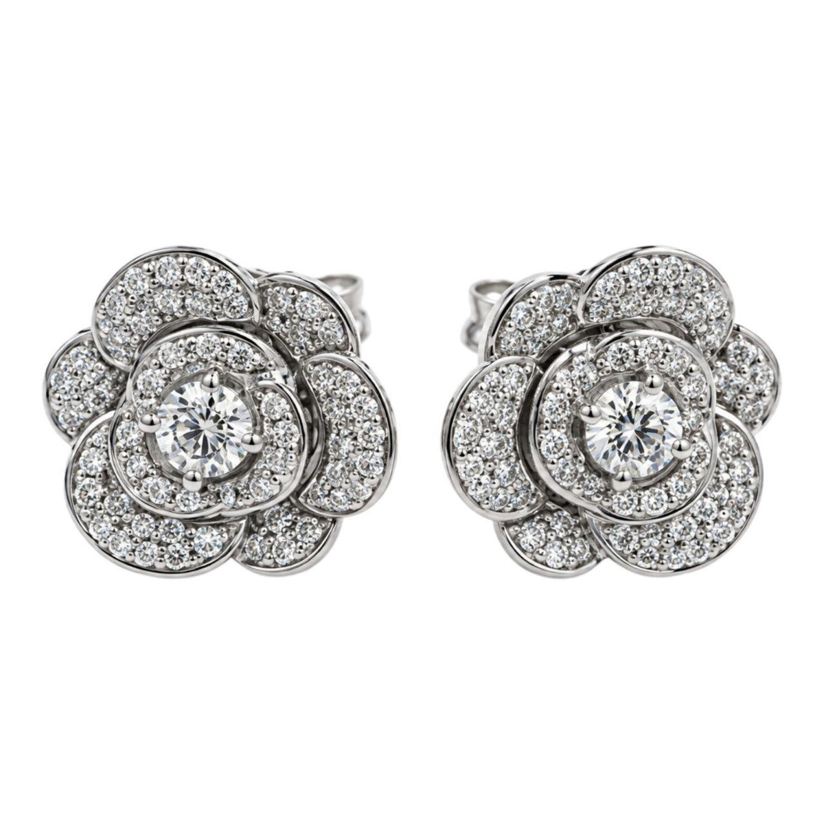 Orecchini fiore camelia in Oro Bianco con Diamanti 0,95 ct 18 kt (750)