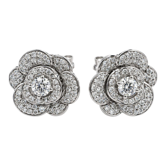 Orecchini fiore camelia in Oro Bianco con Diamanti 0,95 ct 18 kt (750)