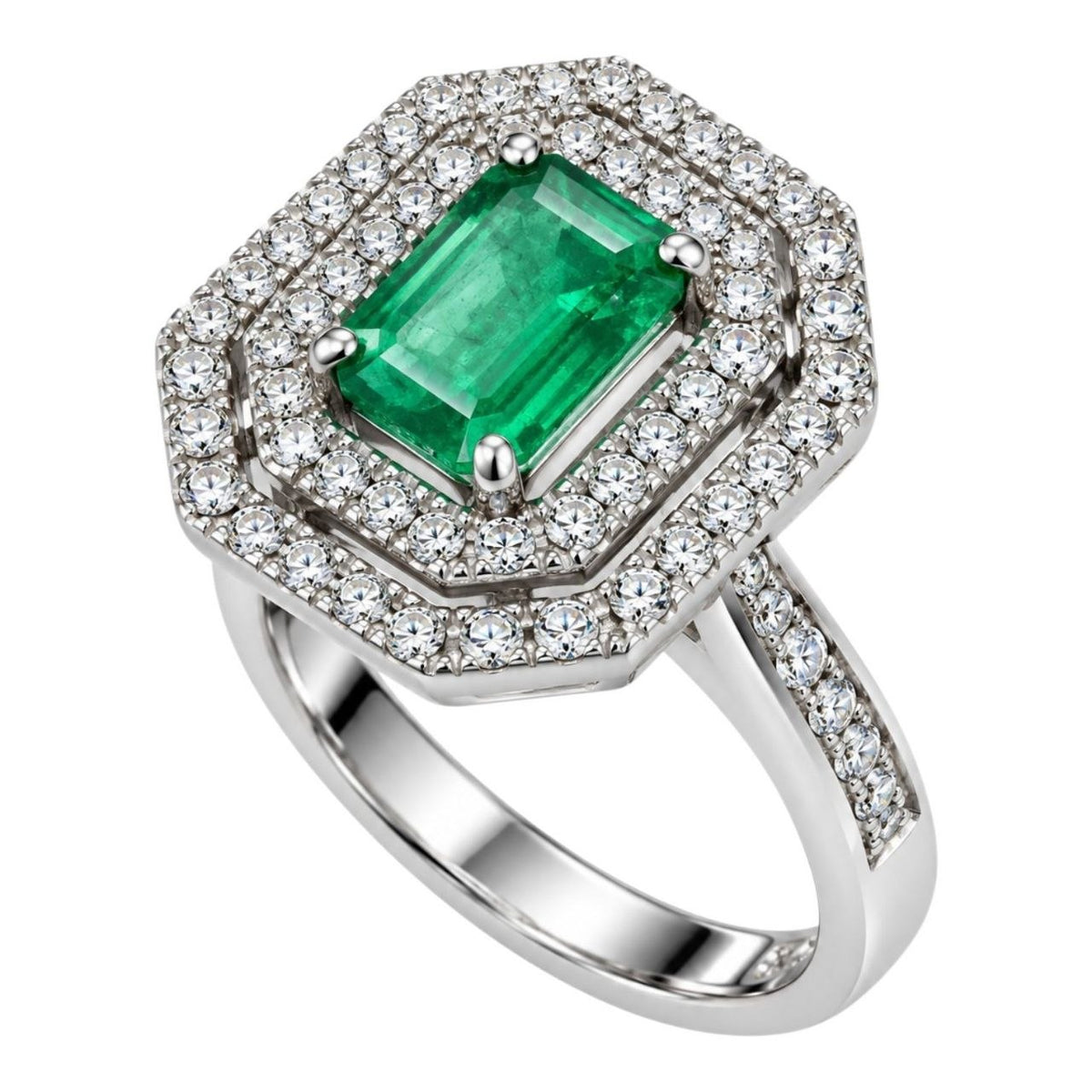 Anello con Smeraldo Ottagonale ct 0,89 e contorno di Diamanti ct 0,45  in oro bianco 18kt (750)