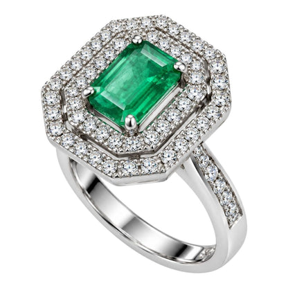 Anello con Smeraldo Ottagonale ct 0,89 e contorno di Diamanti ct 0,45  in oro bianco 18kt (750)
