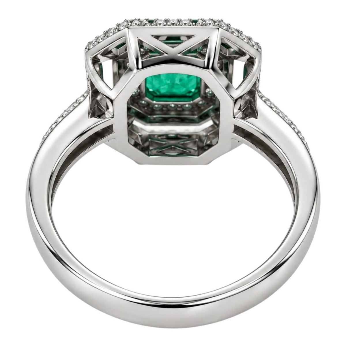 Anello con Smeraldo Ottagonale ct 0,89 e contorno di Diamanti ct 0,45  in oro bianco 18kt (750)