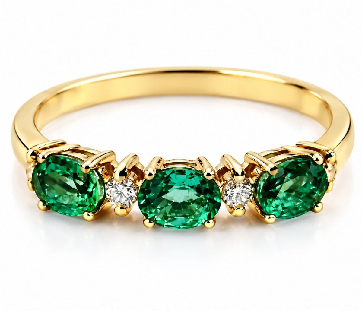 Anello Trilogy in Oro Giallo con Smeraldi ovali 0,90 ct e Diamanti 0,12 ct 18 kt (750)