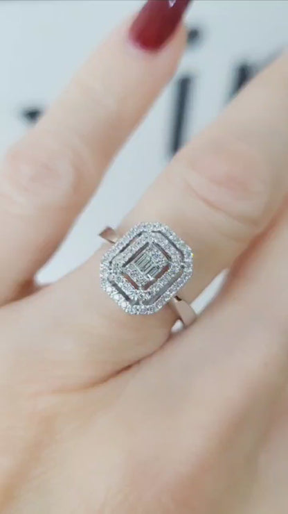 Anello rettangolare in oro bianco 18k impreziosito da diamanti bianchi 0,60 ct