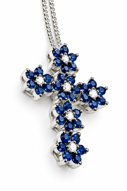 Collana con croce fiore Zaffiri ct 1,44 e Diamanti ct 0,30 Oro Bianco 18kt-750