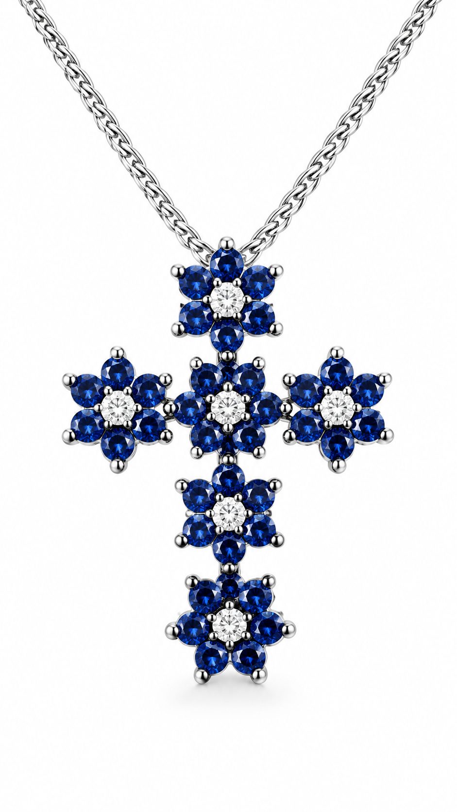 Collana con croce fiore Zaffiri ct 1,44 e Diamanti ct 0,30 Oro Bianco 18kt-750