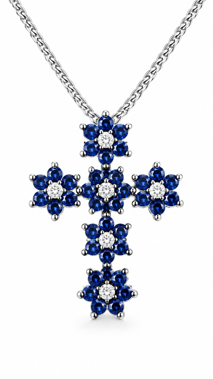 Collana con croce fiore Zaffiri ct 1,44 e Diamanti ct 0,30 Oro Bianco 18kt-750