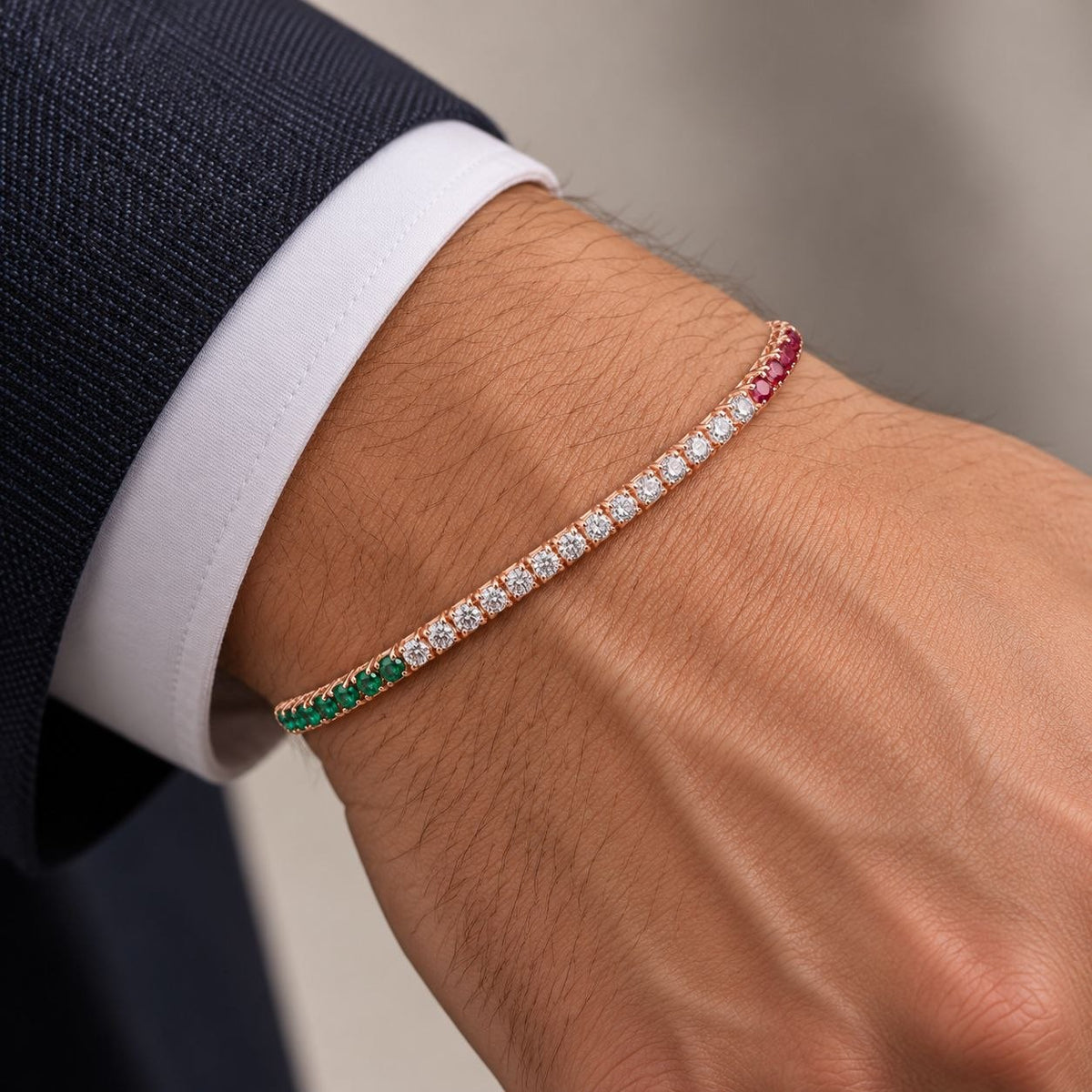 Bracciale Tennis in Oro Rosa con Diamanti Smeraldi e Rubino  18kt-750
